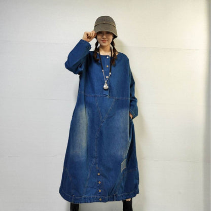 Loose-fitting Casual Round-neck Long-sleeved Oversized Long Denim Dress - www.Shopthatapp.com