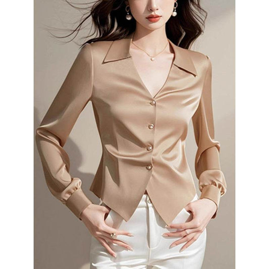 V-neck Long Sleeve Waist Trimming Shirt Women - www.Shopthatapp.com
