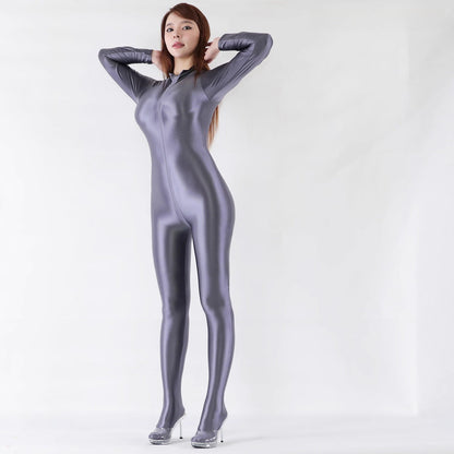 Front Zipper Spandex Nylon Full Bodysuit Zentai Shinny Jumpsuit with Triple-Zipper - www.Shopthatapp.com