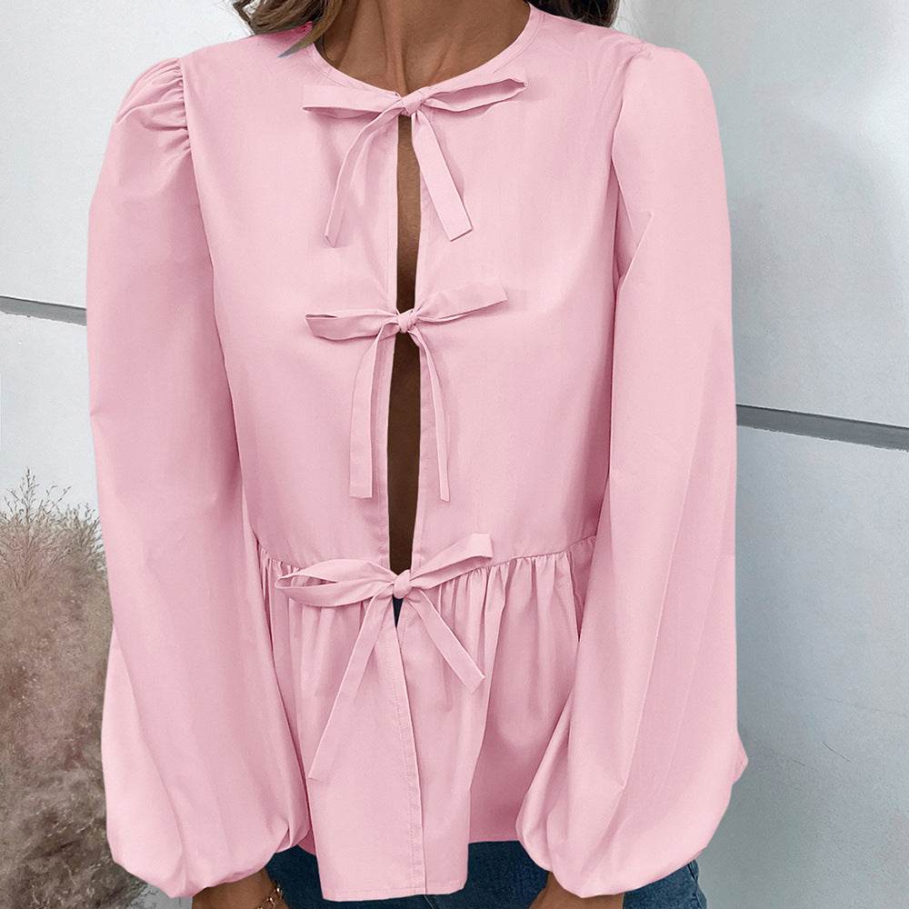 Casual Loose Lantern sleeve Buckle blouse Top For Women - www.Shopthatapp.com