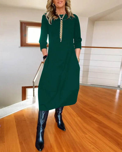 Autumn And Winter New All-matching Solid Color Loose Round-neck Long-sleeved Dress Women - www.Shopthatapp.com