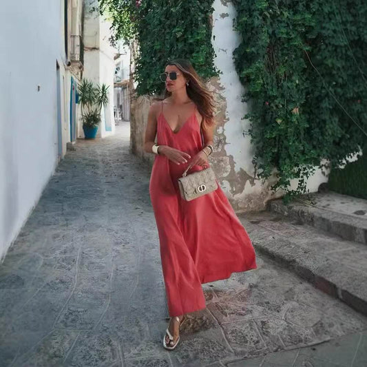 Elegant Women’s Summer Maxi Dress Casual Spaghetti Straps Solid V-Neck Cami Backless Dresses