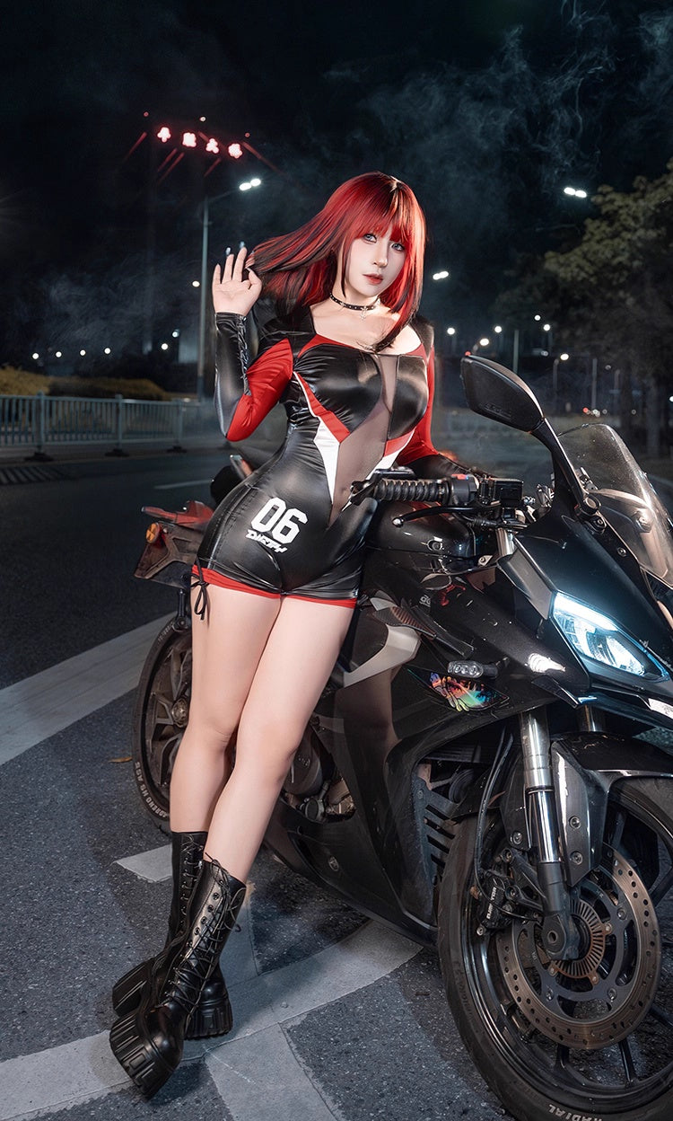 Black and Red One-Piece Spandex Race Queen Bodysuit Cotume with Sheer Mesh - www.Shopthatapp.com