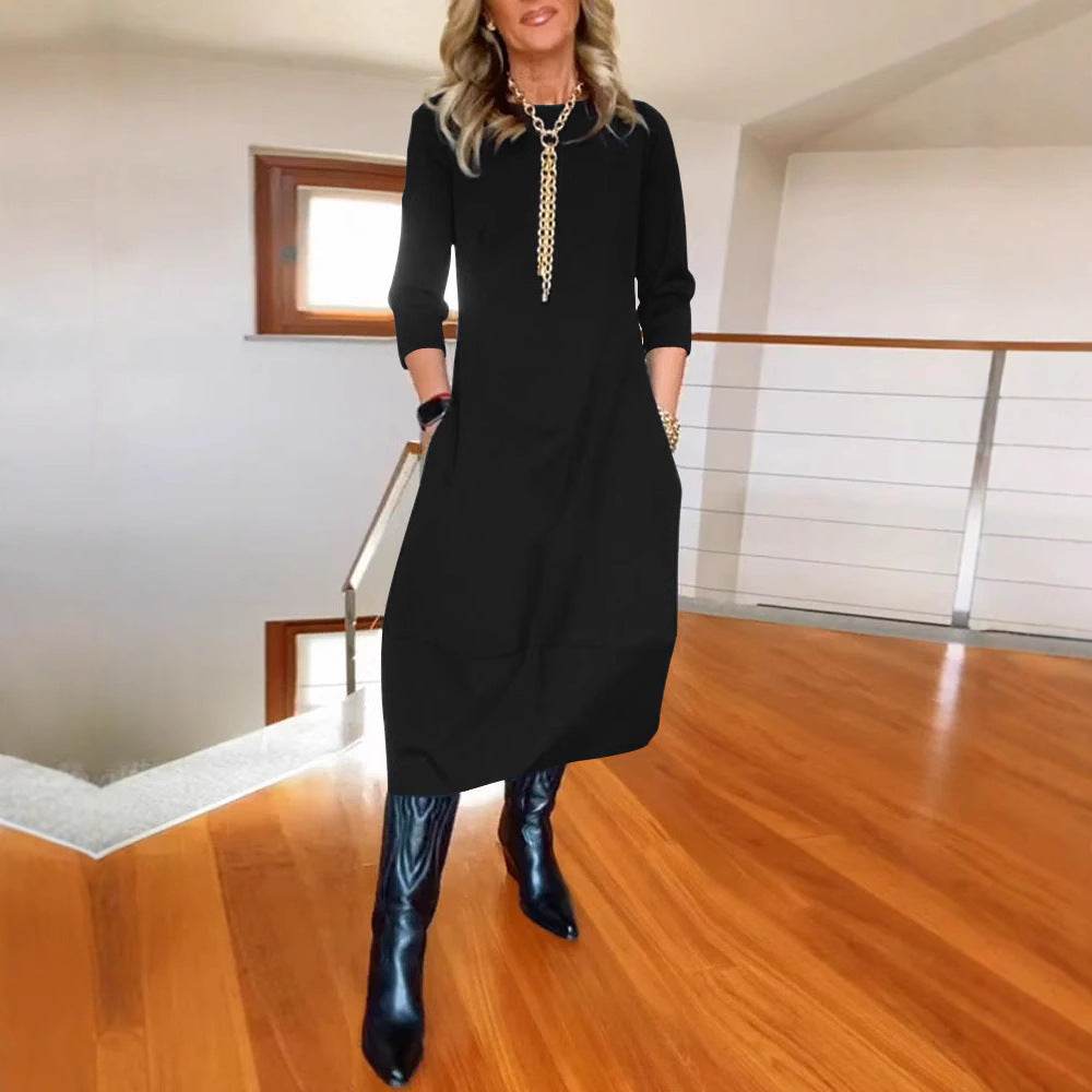 Autumn And Winter New All-matching Solid Color Loose Round-neck Long-sleeved Dress Women - www.Shopthatapp.com