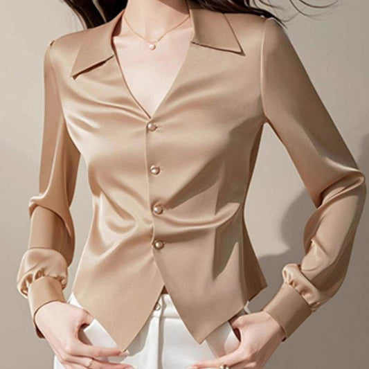 V-neck Long Sleeve Waist Trimming Shirt Women - www.Shopthatapp.com