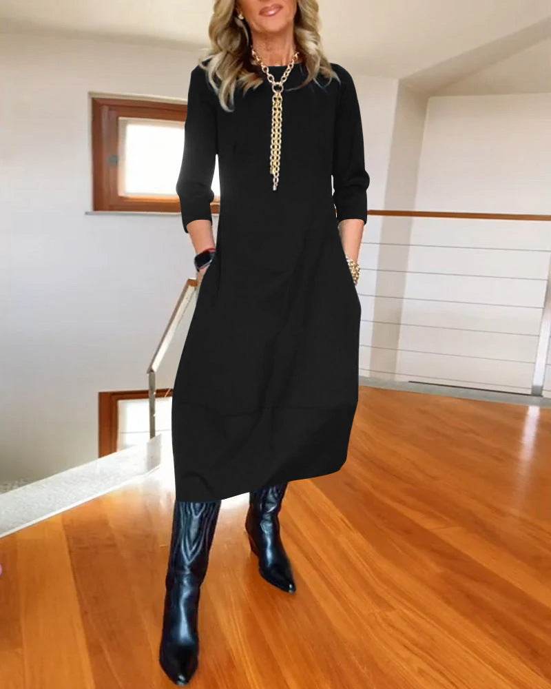 Autumn And Winter New All-matching Solid Color Loose Round-neck Long-sleeved Dress Women - www.Shopthatapp.com