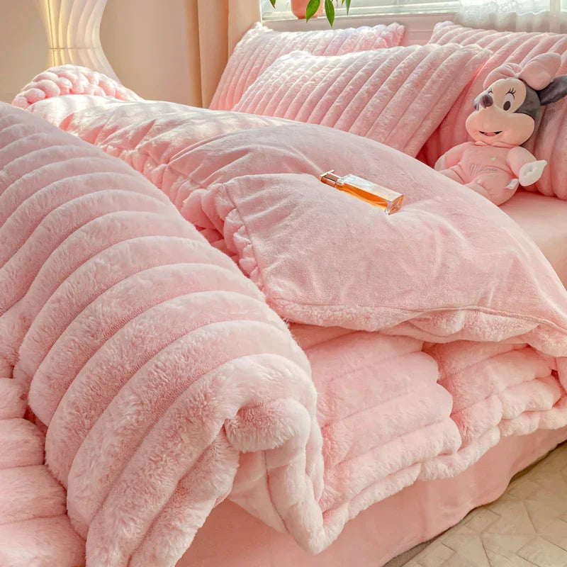 Rabbit Plush Four-piece Set Thickened Milk Fiber Sheets Coral Fleece Duvet Cover - www.Shopthatapp.com