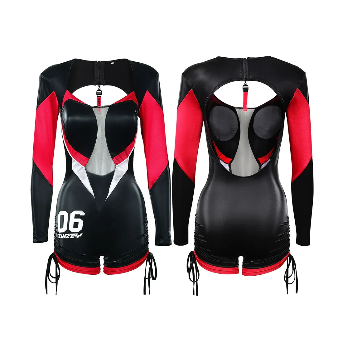 Black and Red One-Piece Spandex Race Queen Bodysuit Cotume with Sheer Mesh - www.Shopthatapp.com