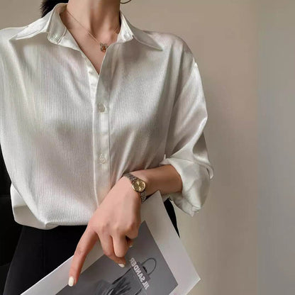 White Texture Long sleeve button Satin Shirt For Work business office - www.Shopthatapp.com
