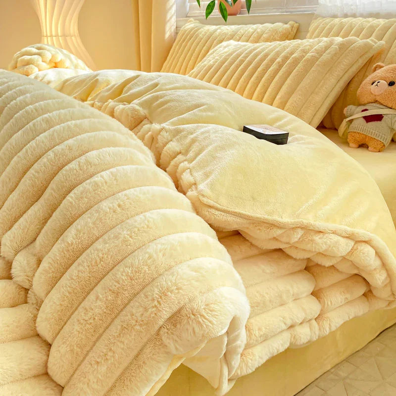 Rabbit Plush Four-piece Set Thickened Milk Fiber Sheets Coral Fleece Duvet Cover - www.Shopthatapp.com