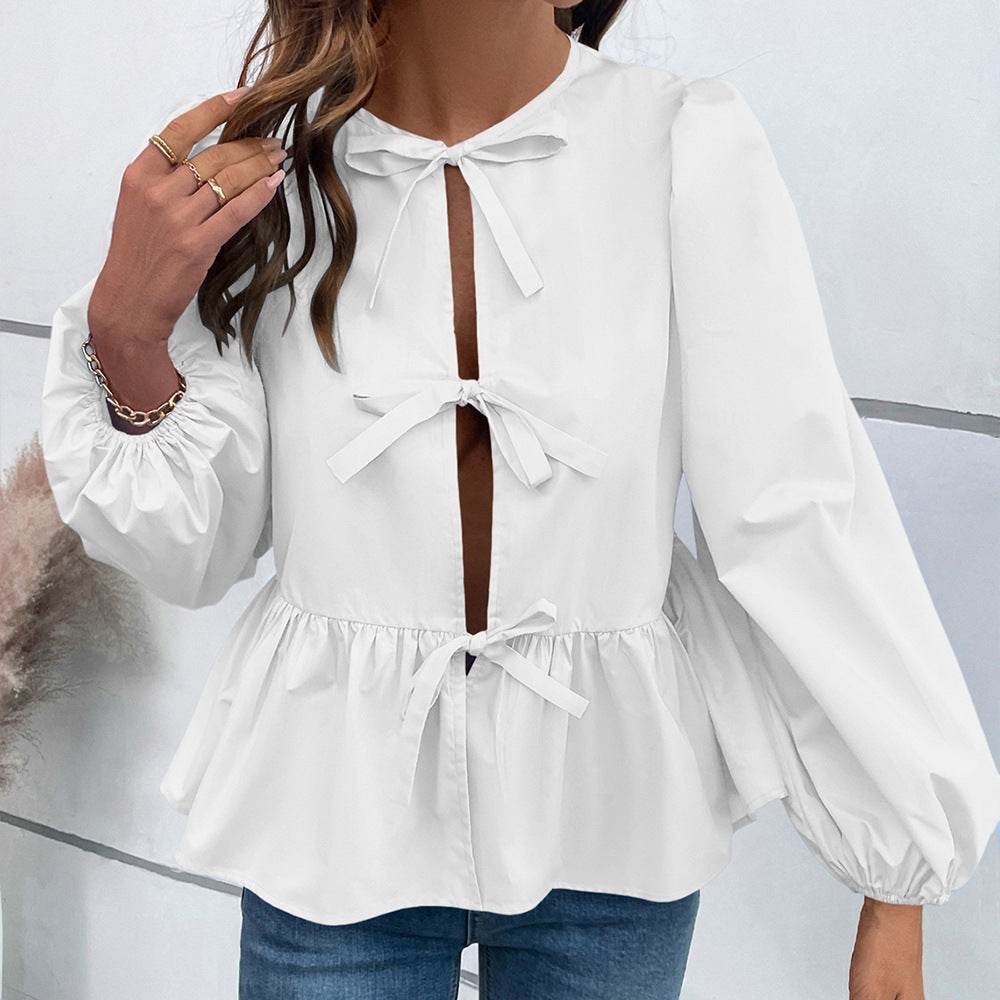 Casual Loose Lantern sleeve Buckle blouse Top For Women - www.Shopthatapp.com