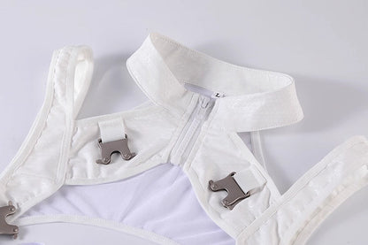 Tactical Anime Girl PU Leather Sheer Mesh Sexy Cosplay Bodysuit Costume White - www.Shopthatapp.com