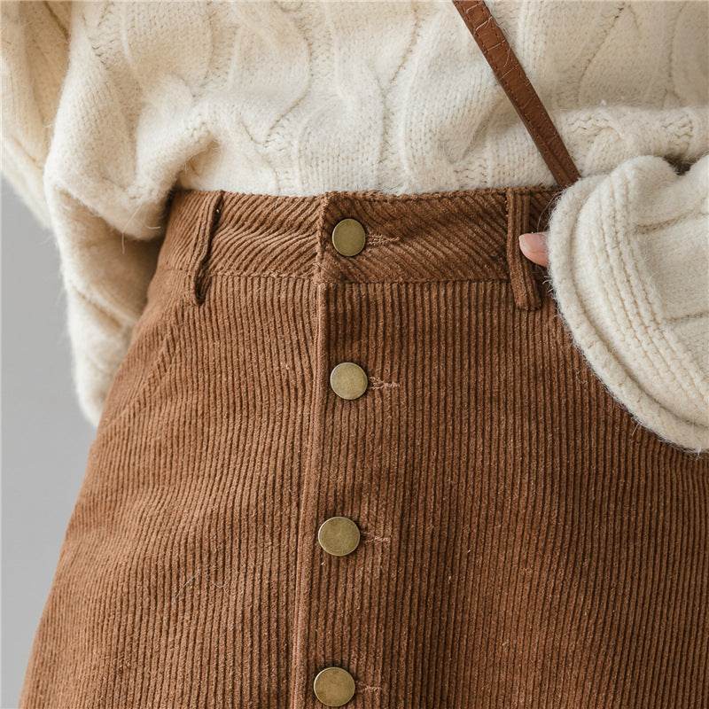 Retro Button A-line Fashion flared Corduroy Midi Skirt - www.Shopthatapp.com