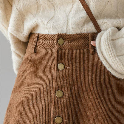 Retro Button A-line Fashion flared Corduroy Midi Skirt - www.Shopthatapp.com