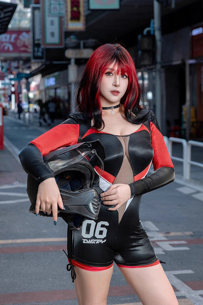 Black and Red One-Piece Spandex Race Queen Bodysuit Cotume with Sheer Mesh - www.Shopthatapp.com