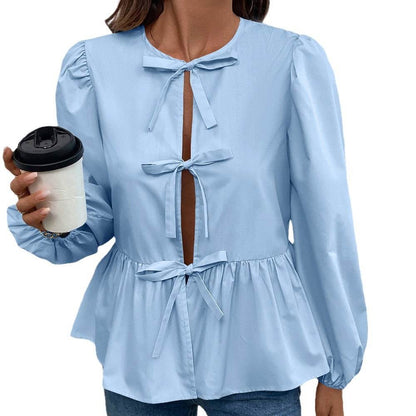 Casual Loose Lantern sleeve Buckle blouse Top For Women - www.Shopthatapp.com