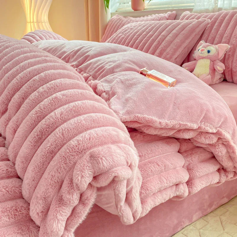 Rabbit Plush Four-piece Set Thickened Milk Fiber Sheets Coral Fleece Duvet Cover - www.Shopthatapp.com