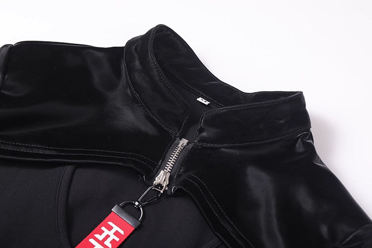 Anime Style Black and White Witch Spandex PU Leather Short Dress with Bust Zipper - www.Shopthatapp.com