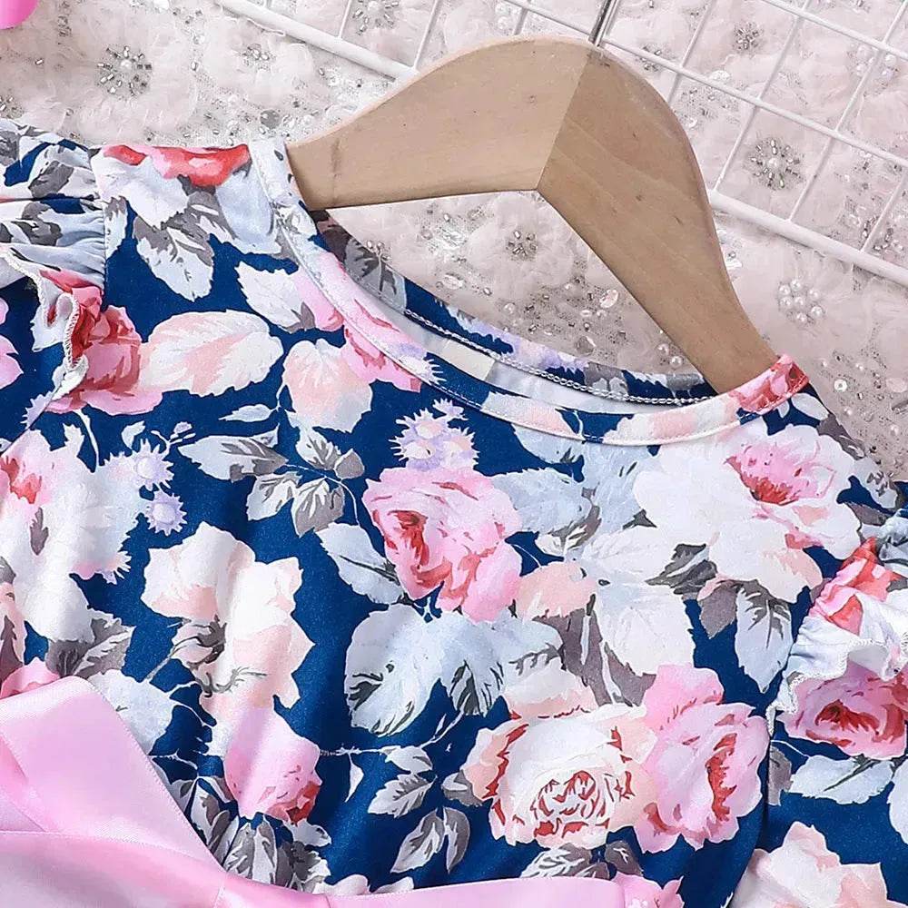 Girls Puff Sleeve Flower Printed Mesh Dress Baby girl dress gown - www.Shopthatapp.com