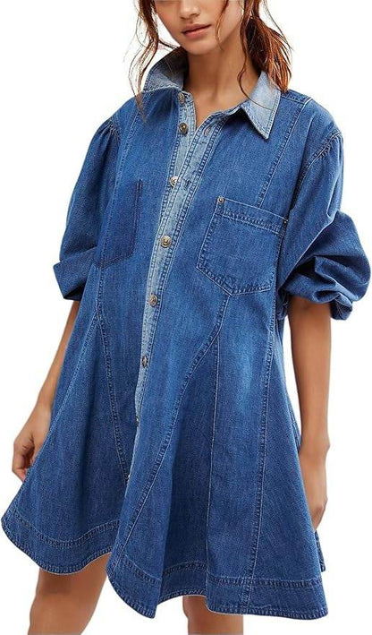 Women's Long Lantern Sleeve Button Denim Dress - www.Shopthatapp.com