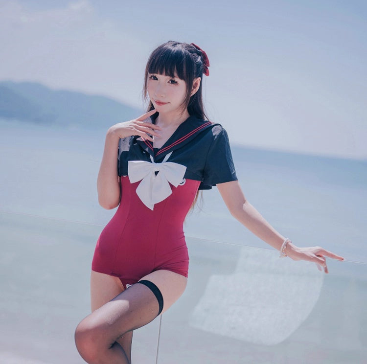 Japanese Anime Sailor Style Two-Piece Uniform Swimsuit Set with Bandage Design - www.Shopthatapp.com