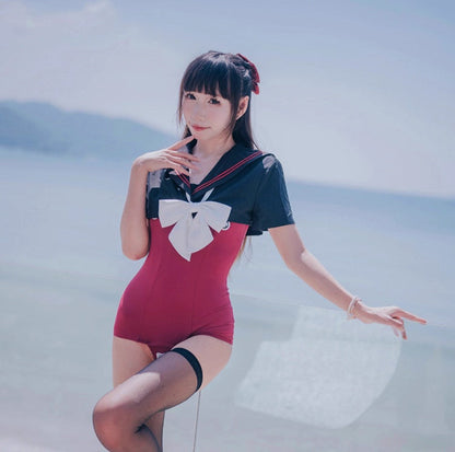 Japanese Anime Sailor Style Two-Piece Uniform Swimsuit Set with Bandage Design - www.Shopthatapp.com