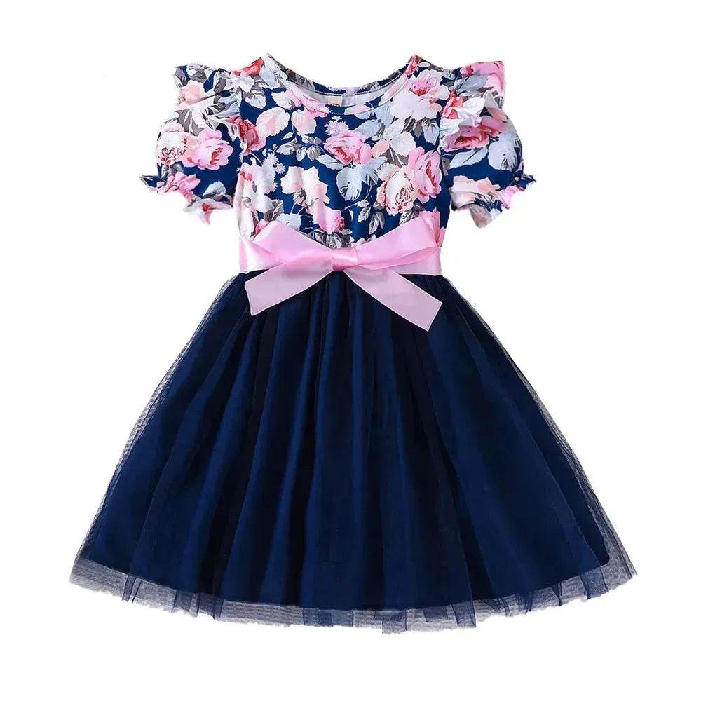 Girls Puff Sleeve Flower Printed Mesh Dress Baby girl dress gown - www.Shopthatapp.com