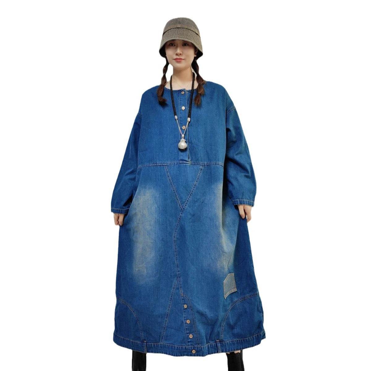 Loose-fitting Casual Round-neck Long-sleeved Oversized Long Denim Dress - www.Shopthatapp.com