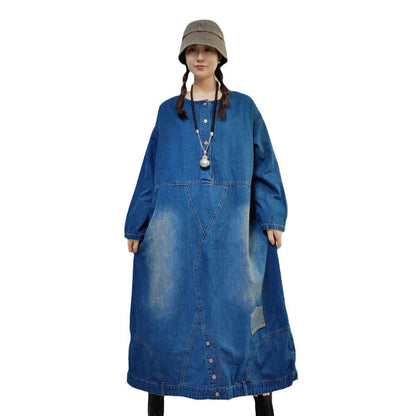 Loose-fitting Casual Round-neck Long-sleeved Oversized Long Denim Dress - www.Shopthatapp.com