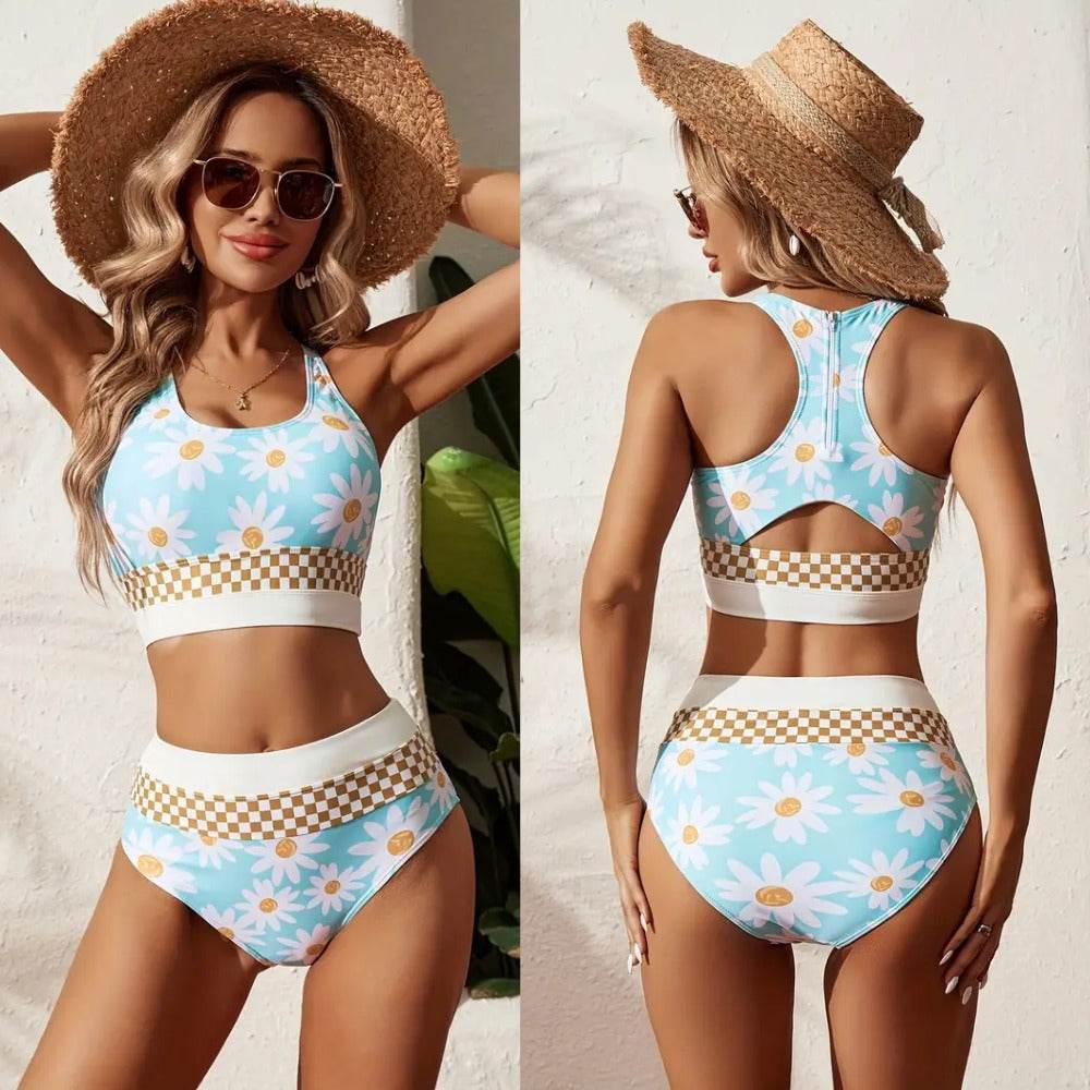 Plus Size Split Swimsuit Printed Zipper Bikini Swimsuit - www.Shopthatapp.com