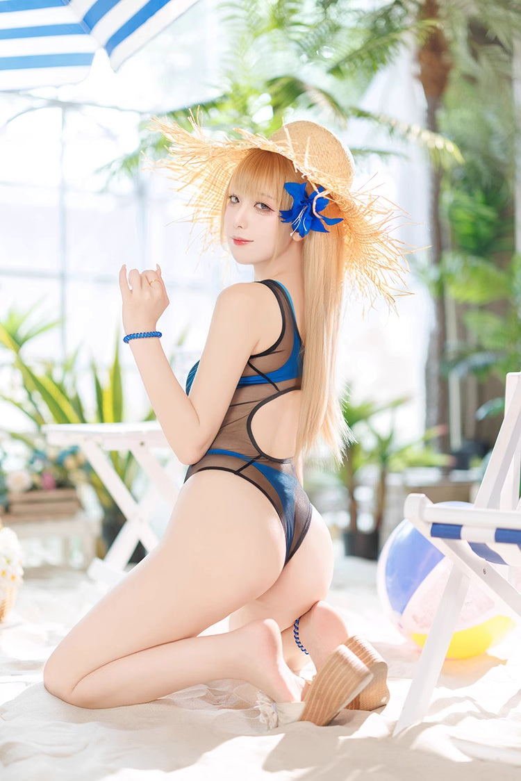 Anime Tropical Style One-piece Swimsuit with Mesh Sheer Overlay Summer Swimwear - www.Shopthatapp.com