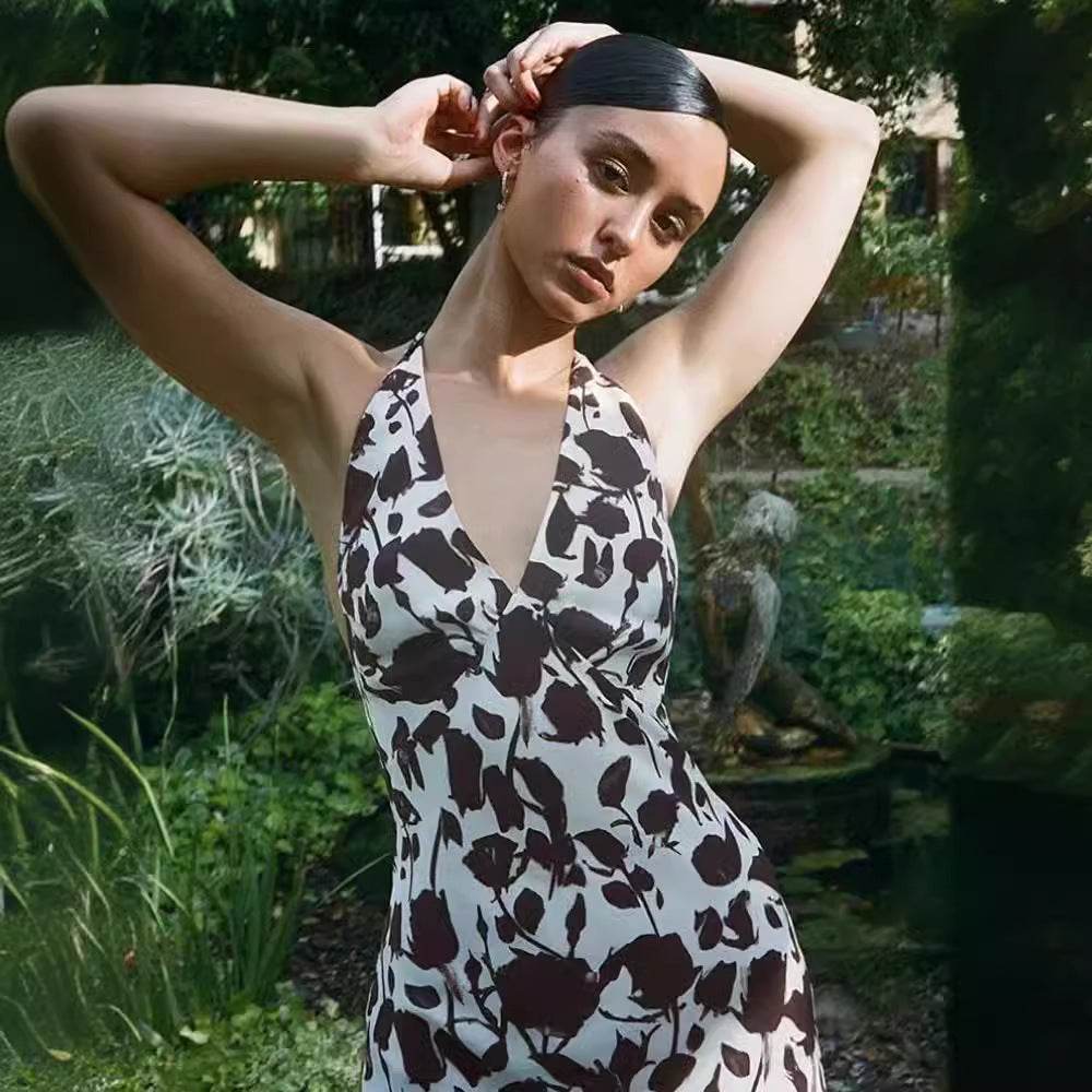 French Vest Printed Midi Floral Summer New Elegant Backless V-neck Halter Dress - www.Shopthatapp.com
