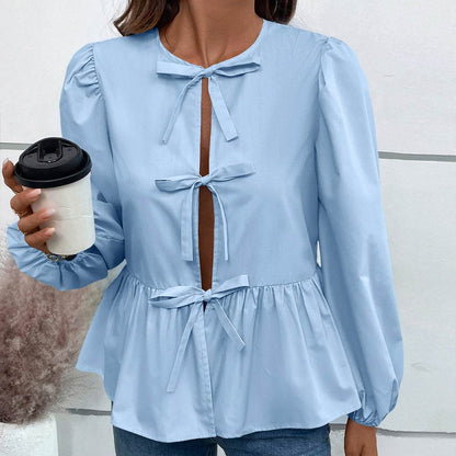 Casual Loose Lantern sleeve Buckle blouse Top For Women - www.Shopthatapp.com