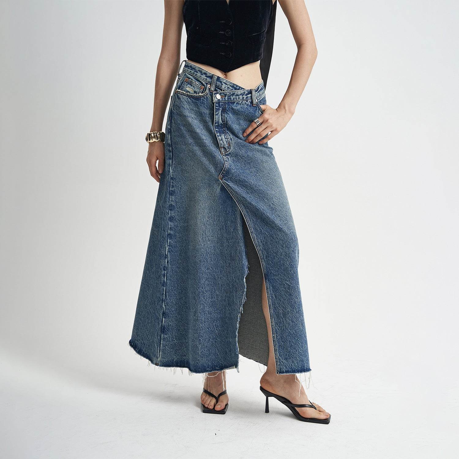 Washed Denim Front Split High-grade Jeans Skirt - www.Shopthatapp.com
