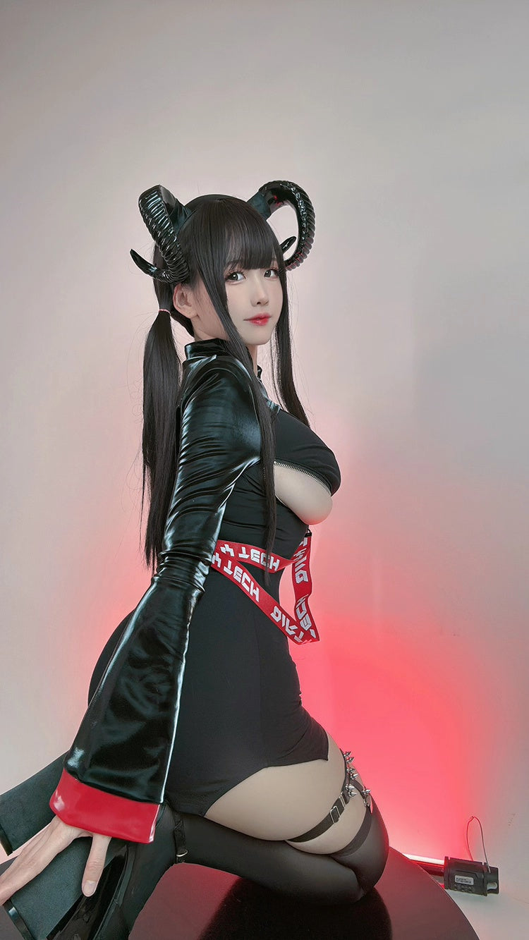 Anime Style Black and White Witch Spandex PU Leather Short Dress with Bust Zipper - www.Shopthatapp.com