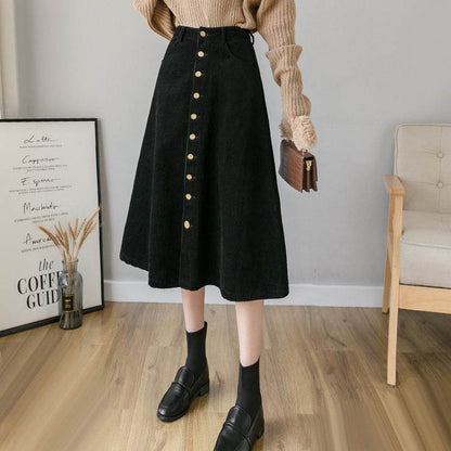 Retro Button A-line Fashion flared Corduroy Midi Skirt - www.Shopthatapp.com