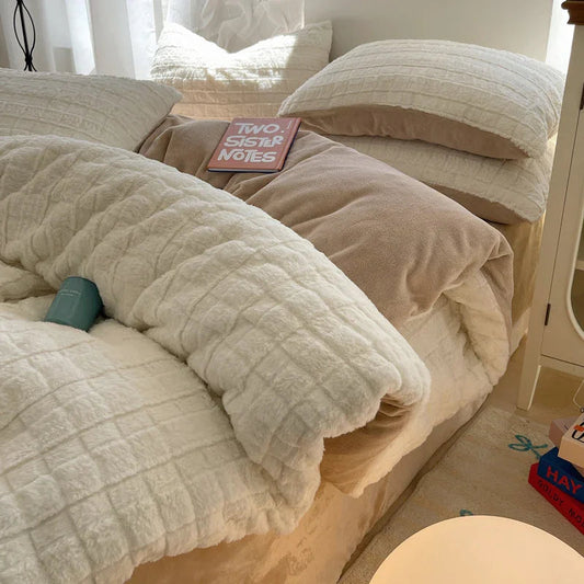 Rabbit Plush Four-piece Set Thickened Milk Fiber Sheets Coral Fleece Duvet Cover - www.Shopthatapp.com