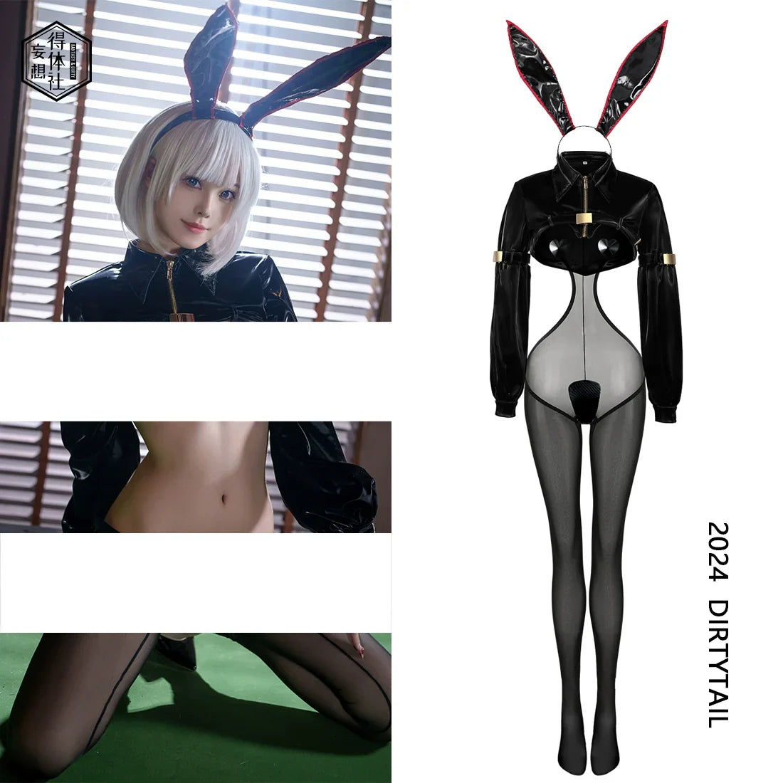 Bunny Girl Sexy Cute Costume PU Jacket Sheer Stockings Cosplay Lingerie Set - www.Shopthatapp.com