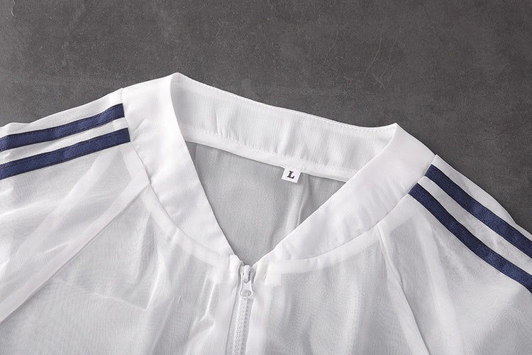 Anime Style Blue Spandex One-piece Swimsuit with Sheer Crop Jacket and Stockings - www.Shopthatapp.com