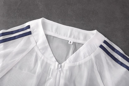 Anime Style Blue Spandex One-piece Swimsuit with Sheer Crop Jacket and Stockings - www.Shopthatapp.com