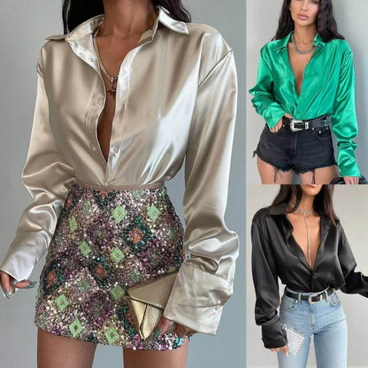 Single-breasted Long Sleeve Lapel Satin Blouse Shirt for work business office - www.Shopthatapp.com