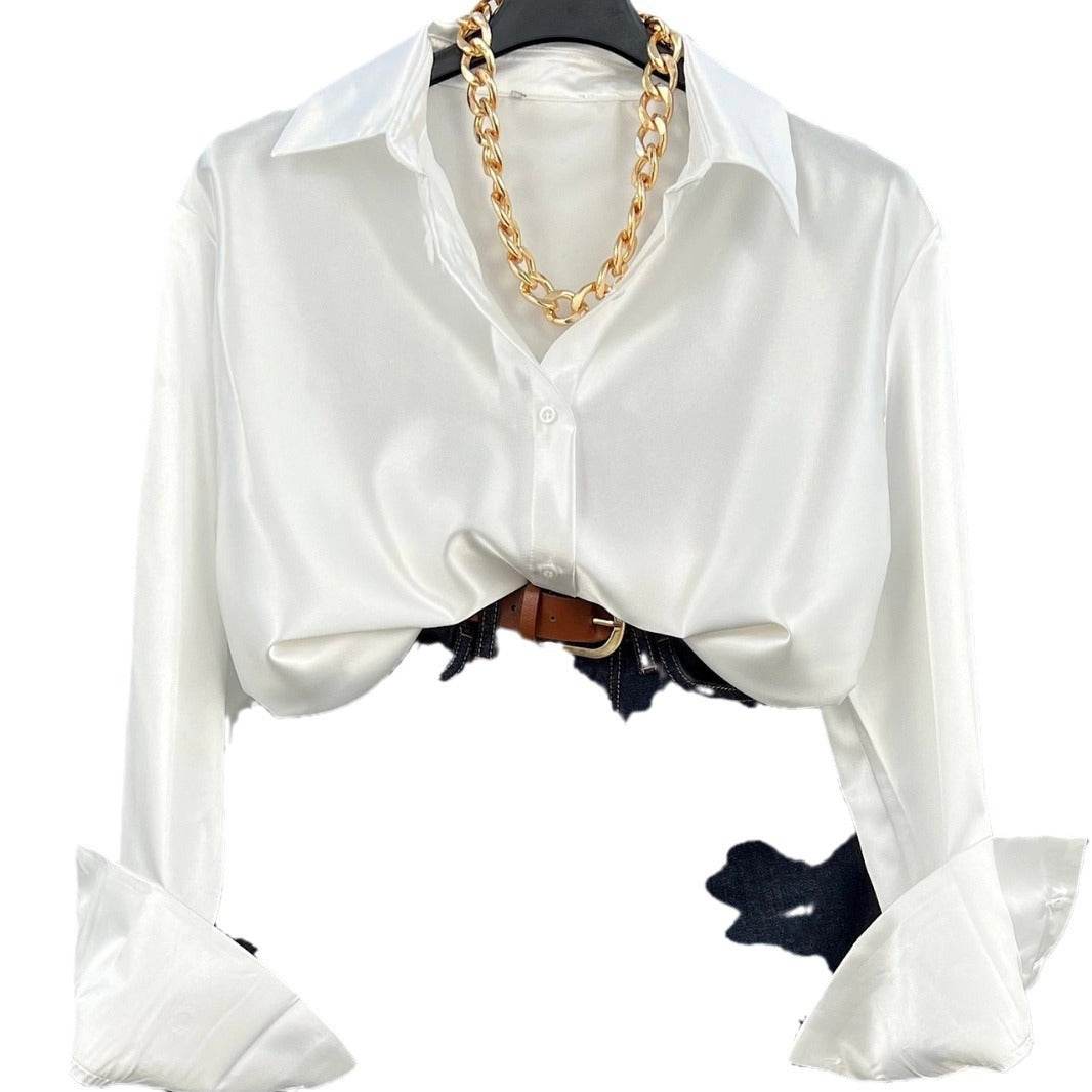 Single-breasted Long Sleeve Lapel Satin Blouse Shirt for work business office - www.Shopthatapp.com