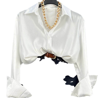 Single-breasted Long Sleeve Lapel Satin Blouse Shirt for work business office - www.Shopthatapp.com
