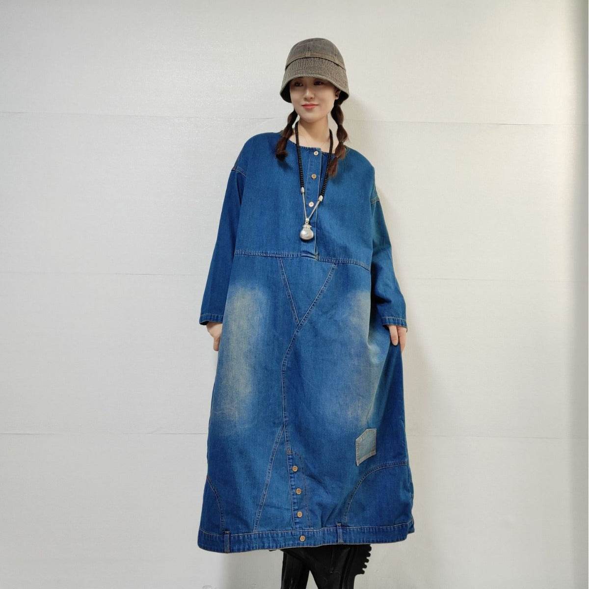 Loose-fitting Casual Round-neck Long-sleeved Oversized Long Denim Dress - www.Shopthatapp.com