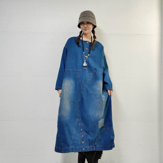 Loose-fitting Casual Round-neck Long-sleeved Oversized Long Denim Dress - www.Shopthatapp.com