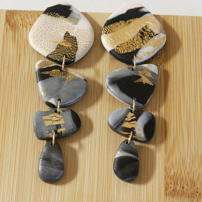 PIEDRA Earrings. White, Black, gold and grey marble swirls, Bold statement Earrings-Jewellery-www.Shopthatapp.com-Alma Rosa Jewelry