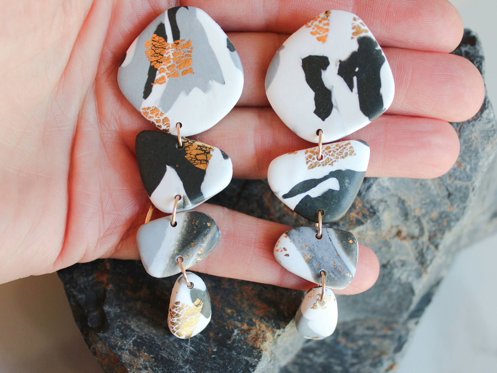 PIEDRA Earrings. White, Black, gold and grey marble swirls, Bold statement Earrings-Jewellery-www.Shopthatapp.com-Alma Rosa Jewelry