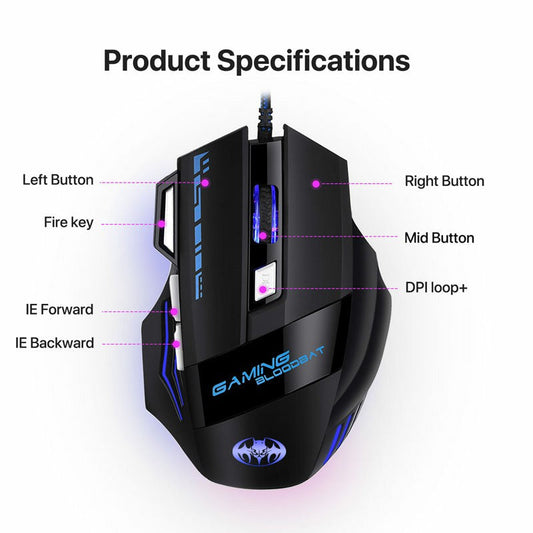 Souris de jeu lumineuse à éclairage RVB 7 200 dpi, souris de bureau à 7 touches, souris de jeu LED
