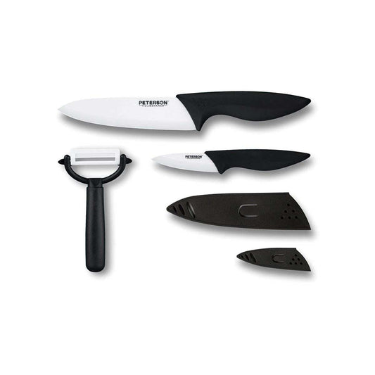 CERAMIC KNIFE SET, 5 PIECES (3", 6", Peeler + 2 Sheaths. ColorBox w/PVC Tray - Www.Shopthatapp.com