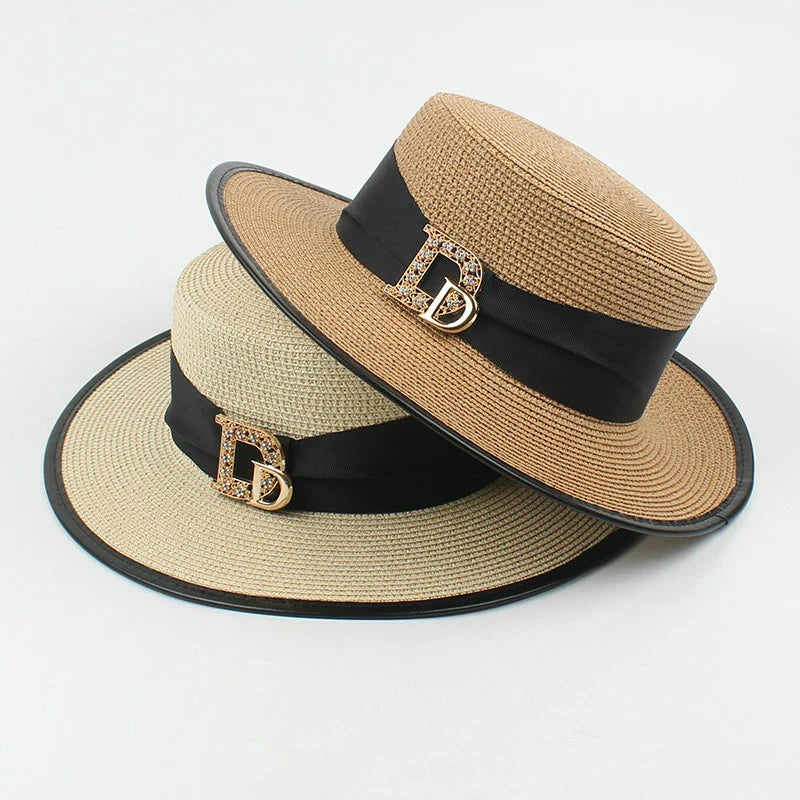 Panama Fashion Ladies Elegant Raffia Straw Hat Rhinestone Letters Vacation Travel High Quality Ladies Summer Topper Banquet Hat - www.Shopthatapp.com #